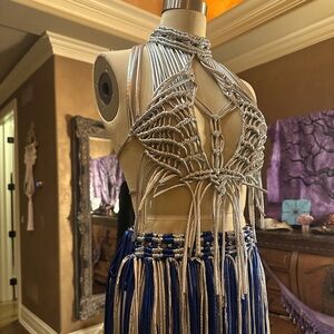 Original GoodVibeGoda Handmade Macramé Rope Silver Fringe Halter Top